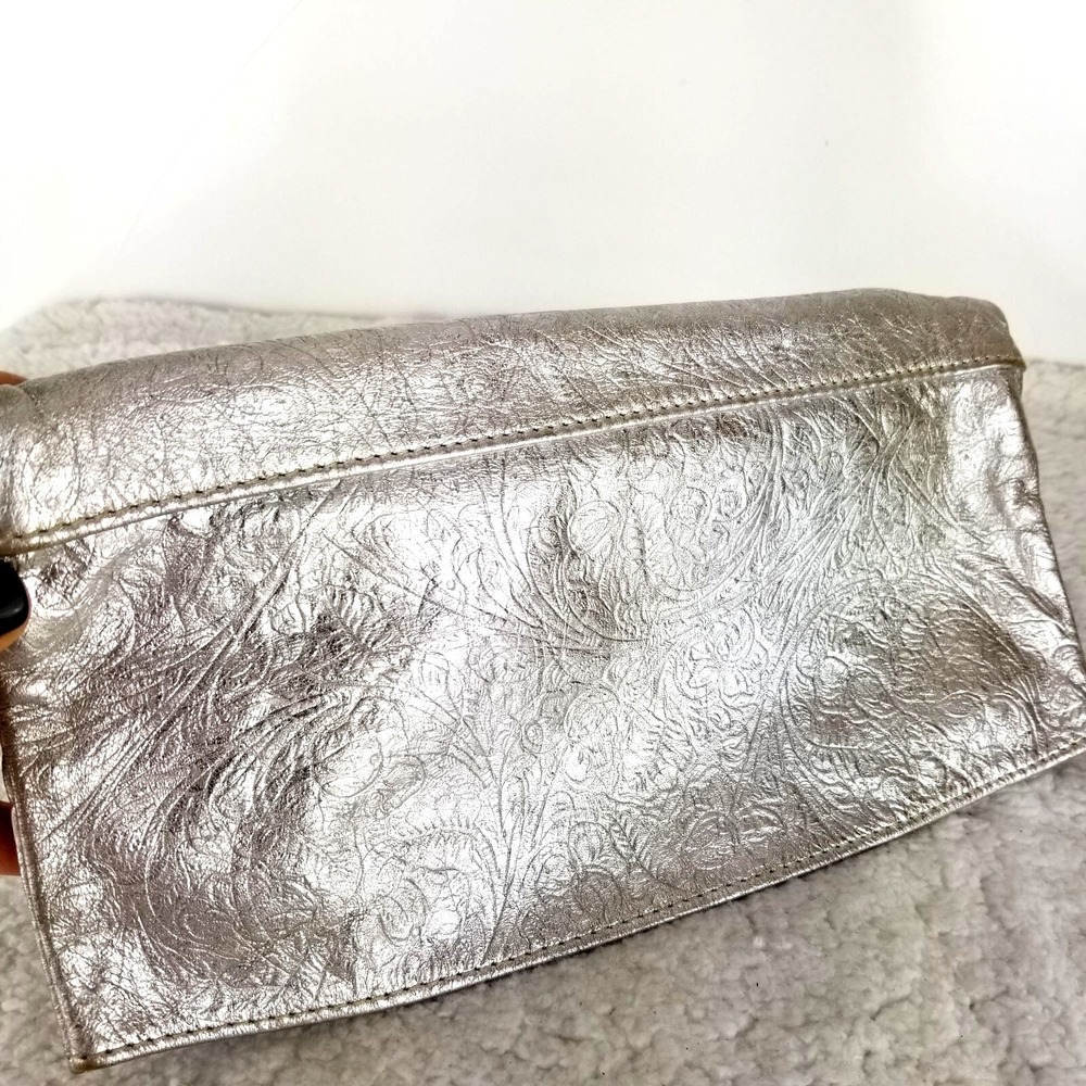 Vtg Y2K Silver Metallic Foldover Leather Clutch Embossed Floral Paisley Festival